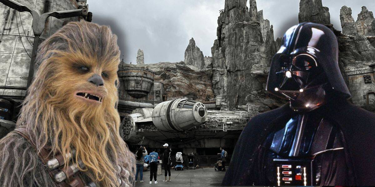 Chewbacca and Darth Vader face each other in front of the Millennium Falcon at Galaxy’s Edge in Disney World, with rocky, sci-fi landscape and visitors in the background at this Star Wars land.
