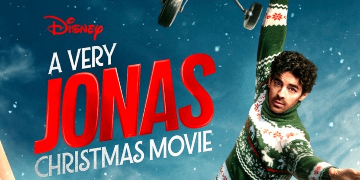 A man in a green and white Christmas sweater holds a sled mid-air. Large red text reads "A Very Jonas Brothers Christmas Movie" with the Disney logo above. Snow is falling against a blue background.