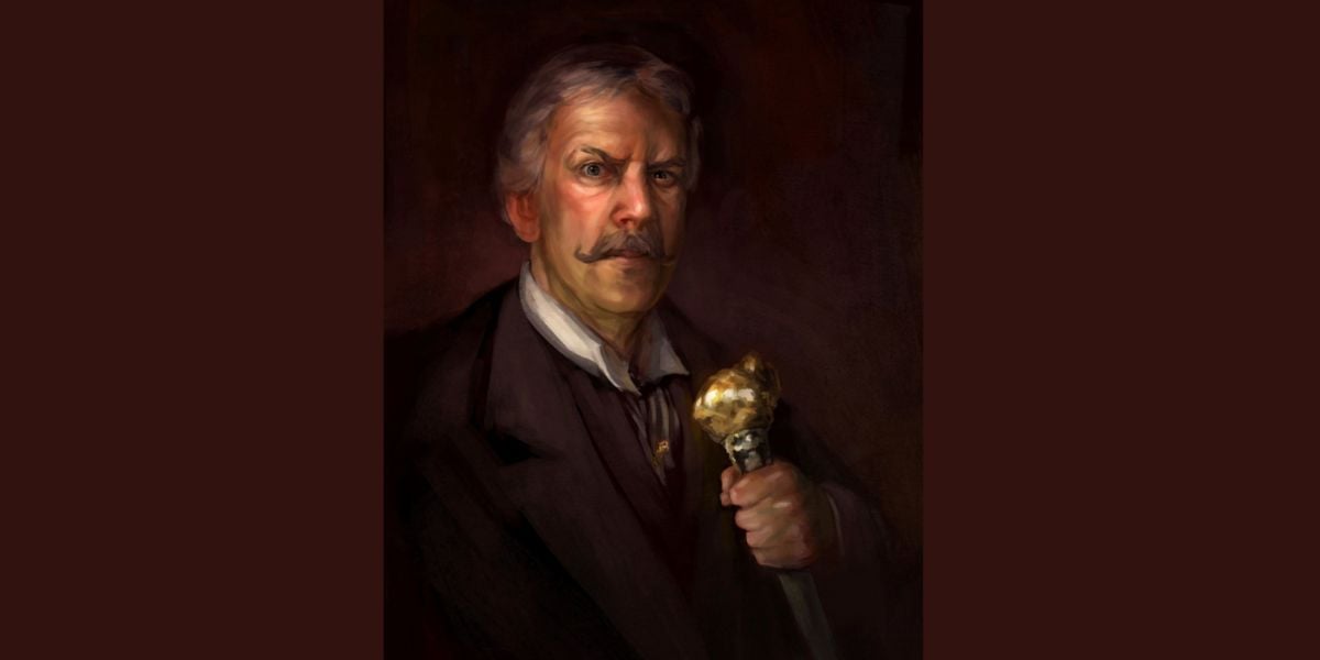 A distinguished older man with gray hair and a mustache holds a decorative staff topped with a gold lion's head, wearing a dark suit and white shirt, set against a dark, painterly backdrop reminiscent of Big Thunder Mountain’s grandeur.