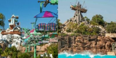 Side-by-side images of Disney water parks: the left shows Blizzard Beach with snow-themed slides and a colorful gondola ride; the right features Typhoon Lagoon’s large wave pool, rocky landscape, trees, and a shipwreck atop a mountain.