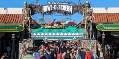 Crowds at the entrance to Busch Gardens Tampa Bay during Howl-O-Scream.