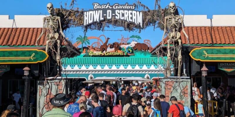 Crowds at the entrance to Busch Gardens Tampa Bay during Howl-O-Scream.