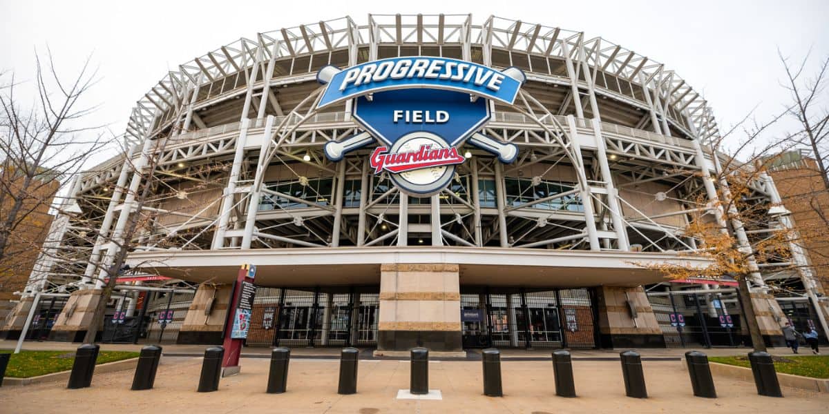 The exterior of Progressive Field, home of the Cleveland Guardians.