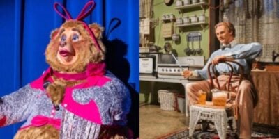 A split image: on the left, a costumed bear character with a pink bow and sparkly outfit performs on stage; on the right, a man sits in a vintage kitchen, smiling and pouring a drink from a pitcher.