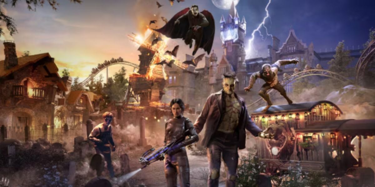 A group of classic universal monsters, including a vampire, a werewolf, and Frankenstein’s creature, stand in a spooky amusement park setting with lightning, a castle, and roller coasters in the background.