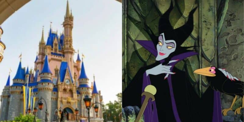 Split image: On the left, Cinderella Castle at Disney World with blue and gold accents; on the right, animated character Maleficent from Disney's "Sleeping Beauty" with her pet raven.