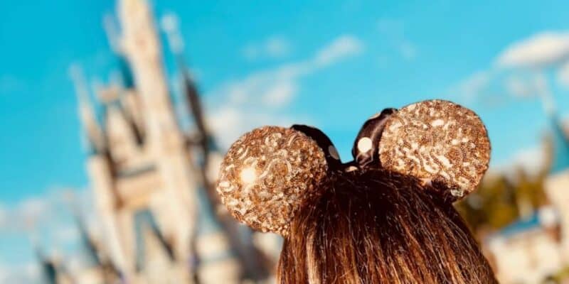 A person wearing sparkly gold mouse ears looks toward a blurred fairytale castle against a bright blue sky, capturing the excitement of a Disney park expansion at Disney World.