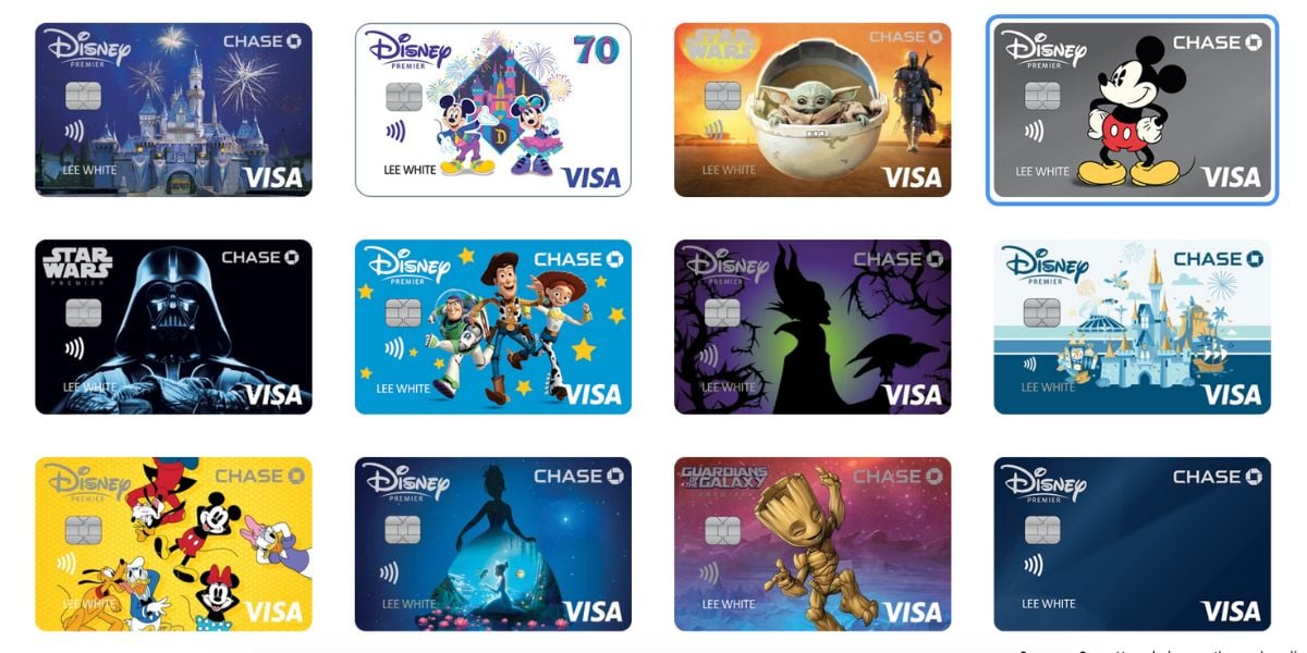 A selection of Disney-themed Visa credit cards featuring characters and scenes from Disney, Star Wars, and Marvel, including Mickey Mouse, Cinderella’s castle, Darth Vader, Baby Yoda, Groot, and more.