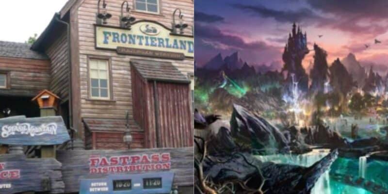 The image captures the Great Divide at Disney Parks: on the left, a rustic "Frontierland" building with Fastpass signage; on the right, a vibrant fantasy castle scene beloved by Disney Adults.