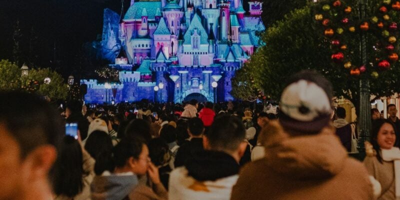 Guests on Main Street, U.S.A. in the dark at Hong Kong Disneyland
