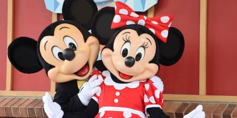 Two people dressed as Mickey Mouse and Minnie Mouse pose together, smiling. With Minnie’s polka dot dress and Mickey’s bow tie, they capture the joy of Disney World Park Expansion in front of a vibrant red wall.