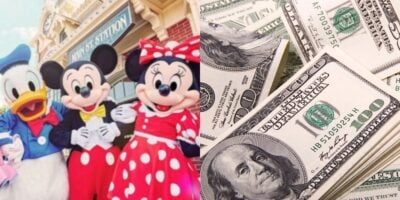 On the left, three people dressed as Disney characters—Donald Duck, Mickey Mouse, and Minnie Mouse—stand outside a themed building. On the right, stacks of hundred-dollar bills highlight rising Disney World guest expenses.