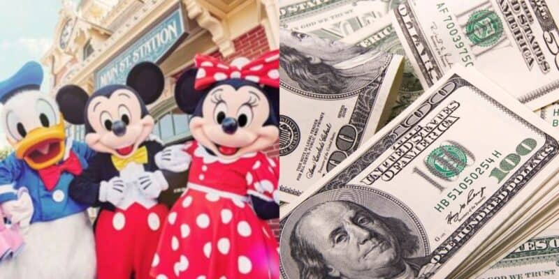 On the left, three people dressed as Disney characters—Donald Duck, Mickey Mouse, and Minnie Mouse—stand outside a themed building. On the right, stacks of hundred-dollar bills highlight rising Disney World guest expenses.