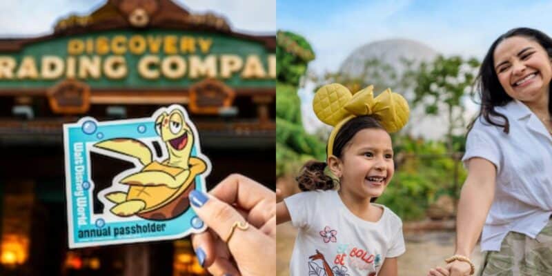 A hand holds a Walt Disney World annual passholder sticker in front of the Discovery Trading Company sign; next to it, a smiling woman and girl with Mickey ears walk outdoors, Spaceship Earth visible in the background.
