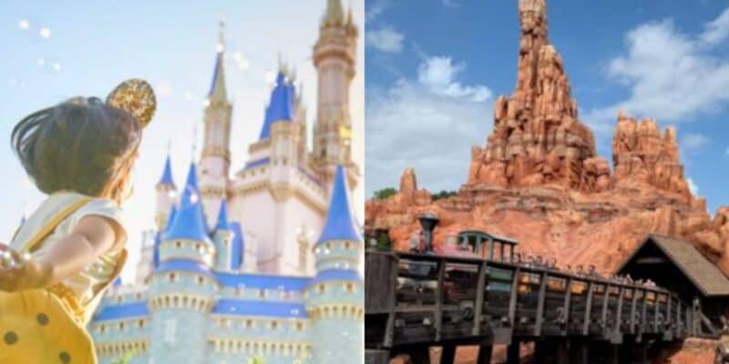 A child wearing Mickey Mouse ears faces a blue and white castle on the left, while on the right, a rocky mountain with a train track—one of many iconic Disney World rides—sits under a bright blue sky.