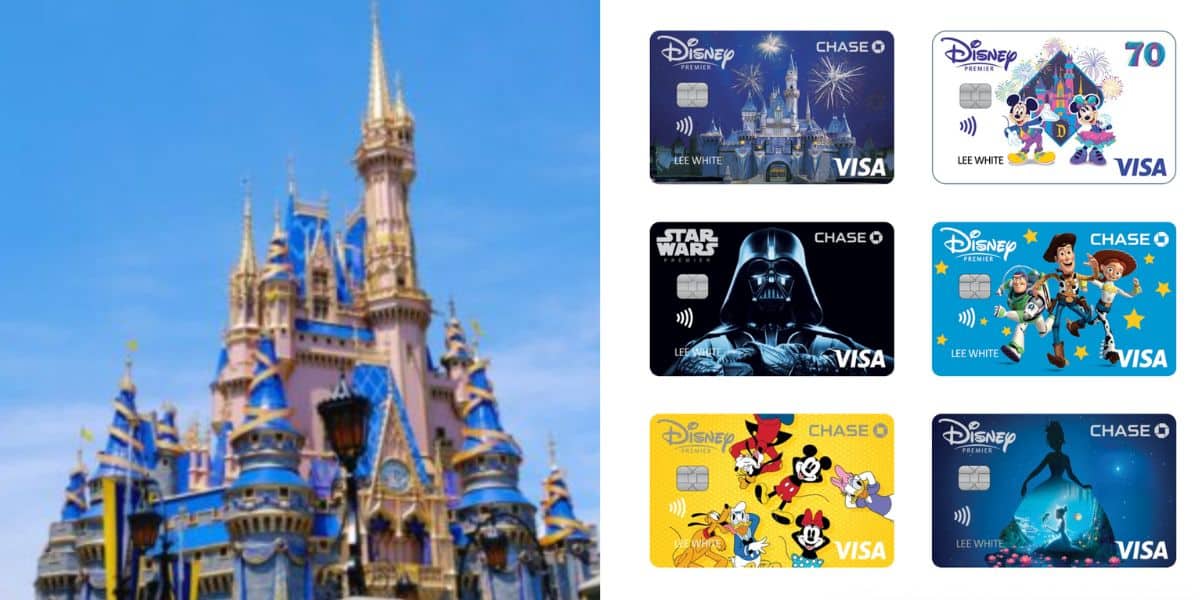 Image split in two: On the left, a colorful Disney castle against a blue sky. On the right, six Disney-themed credit cards featuring Mickey, Minnie, Darth Vader, Elsa, and others you can get or even sell.