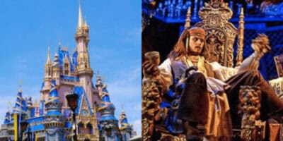 A split image showing Cinderella’s Castle at Disney World on the left and a costumed pirate character sitting on a throne holding a cup on the right.