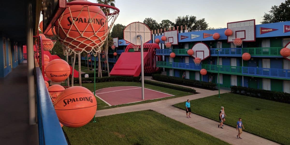 Basketball banners at Disney's All-Star Sports Resort.