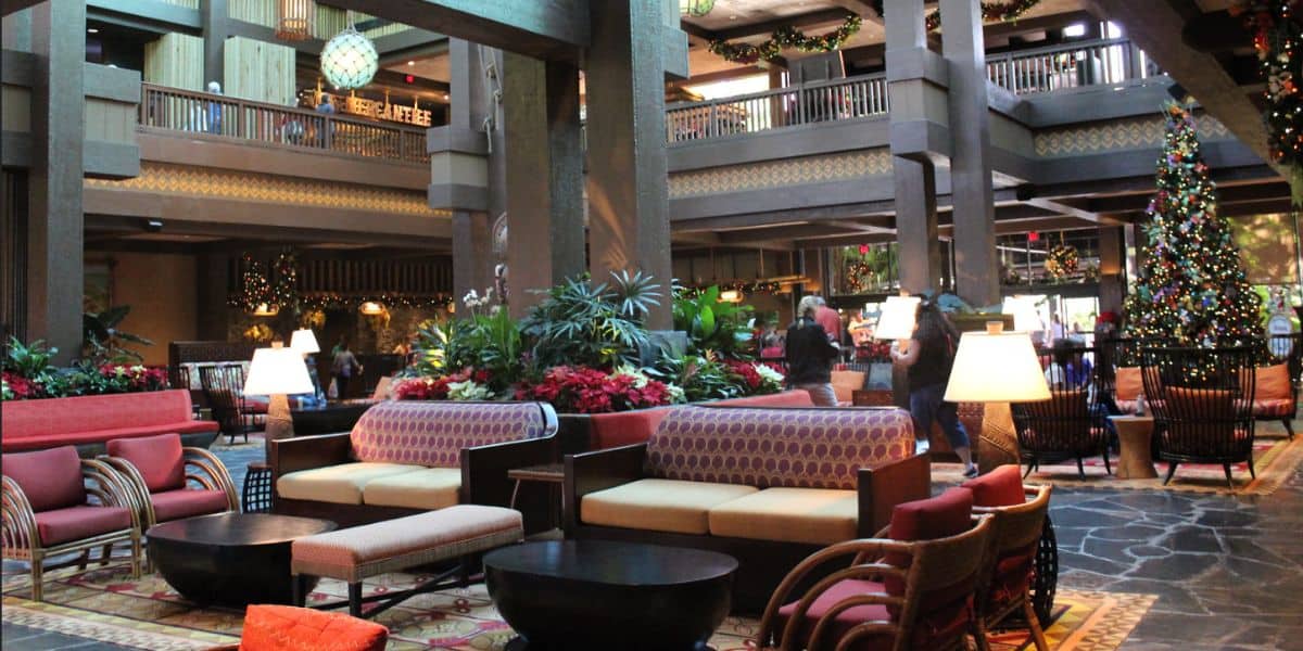 The lobby at Disney's Polynesian Village Resort at Christmastime.
