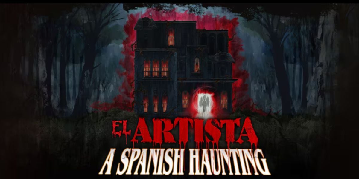 A dark, eerie mansion glows with red light at night during horror nights. A ghostly white figure stands in front. The text reads “El Artista: A Spanish Haunting” in bold, red and yellow letters as spooky trees surround the scene.