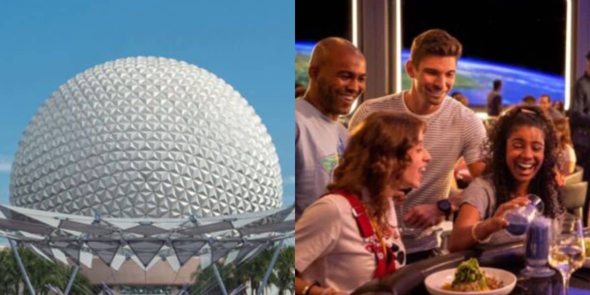 Left: The iconic geodesic dome of EPCOT against a blue sky. Right: Four people smiling and laughing as they enjoy special drinks and food from futuristic-themed food booths with space-themed decor.