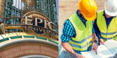 On the left, a close-up of the Universal Epic Universe expansion entrance sign. On the right, two construction workers in safety vests and helmets review blueprints at a construction site.