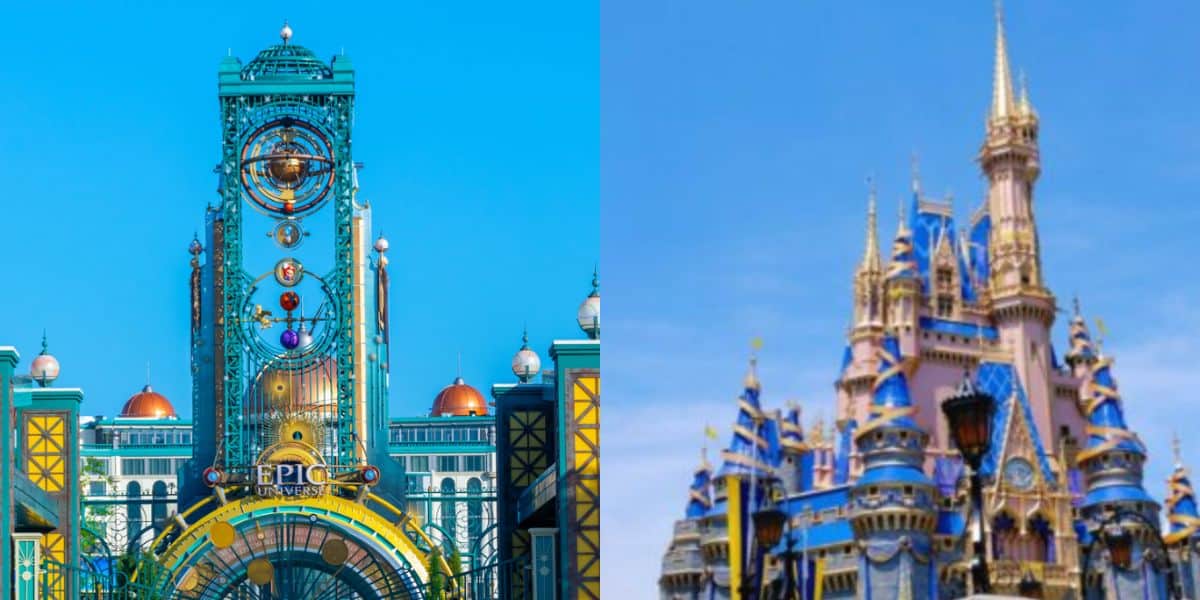 Side-by-side image: On the left, Epic Universe's colorful, futuristic theme park gate with gears and planets; on the right, Magic Kingdom’s classic fairytale castle with blue and gold spires shining above summer crowds.