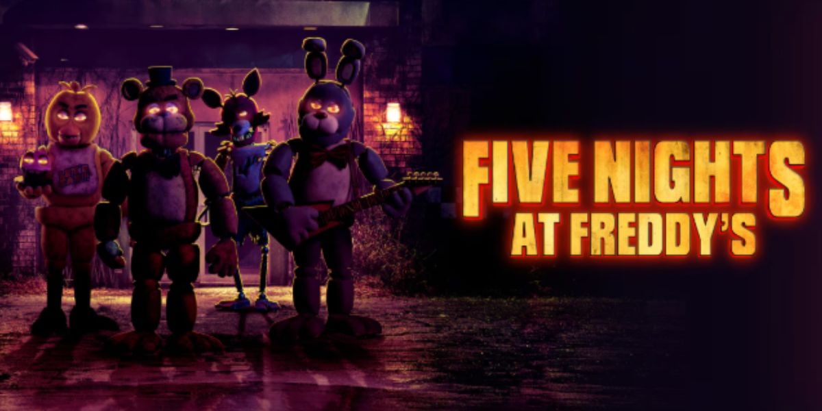 Four eerie animatronic characters stand in the dark outside a building, illuminated by purple light. The glowing title "Five Nights at Freddy’s" appears on the right, setting the stage for spine-chilling horror nights.