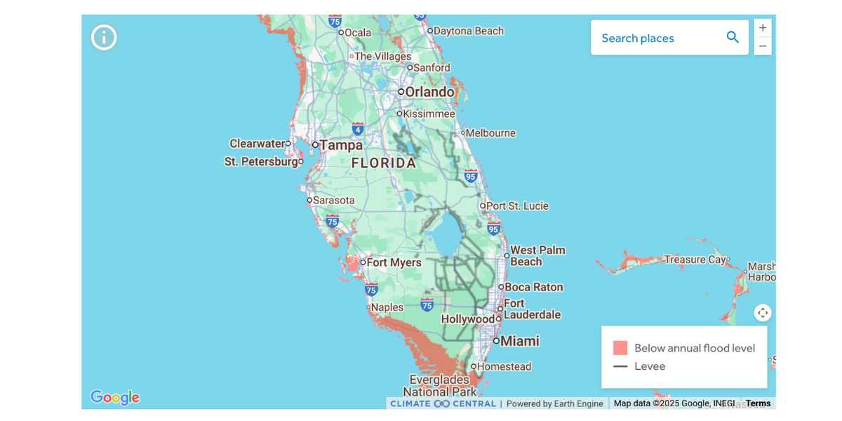 Map of southern Florida showing areas in red that are below the annual flood level