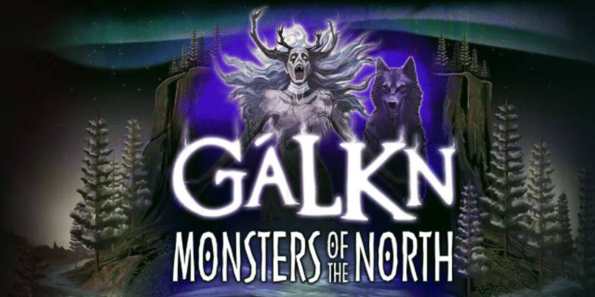 Illustration of a ghostly, antlered creature with a wolf under green aurora lights, surrounded by pine trees. Text reads: "GÁLKN MONSTERS OF THE NORTH." Perfect for horror nights in the wild north.