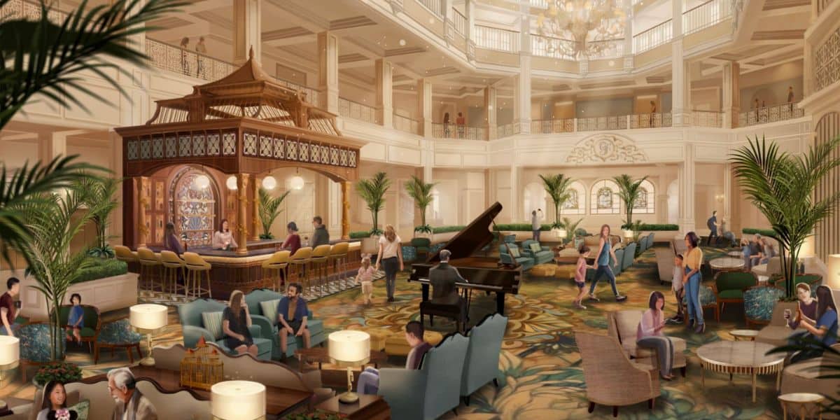 Disney concept art of the Grand Floridian birdcage bar. This spacious, elegant hotel lobby features high ceilings, a grand piano, and a bar with a wooden pagoda-style roof. Guests unwind on sofas after stepping off the nearby monorail, relaxing among lush plants and warm lighting.