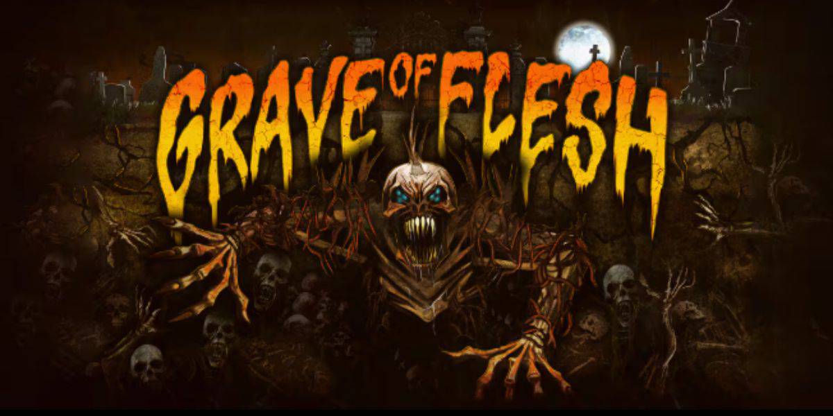 A sinister creature with glowing blue eyes rises among skulls and skeletal arms, with the text "Grave of Flesh" in jagged, yellow letters above—a chilling scene perfect for horror nights under a full moon illuminating the graveyard.
