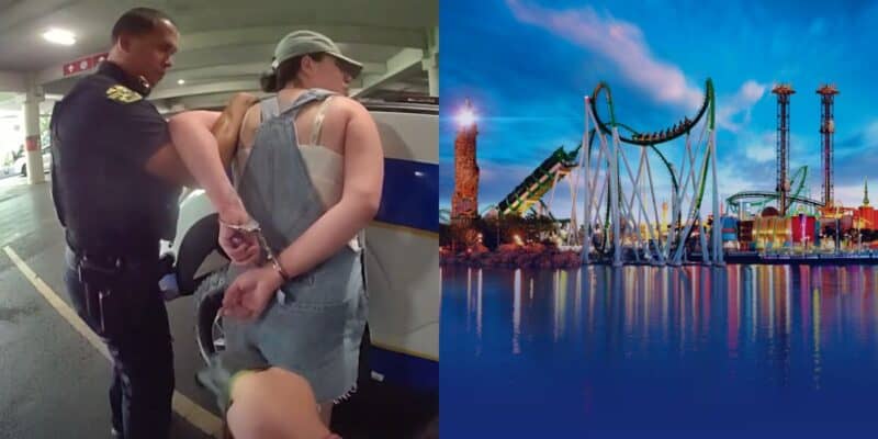 Guest being put in handcuffs (left), Islands of Adventure at night (right)
