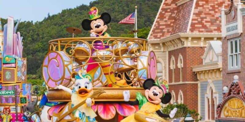 Mickey Mouse and other Disney characters on parade float at Hong Kong Disneyland