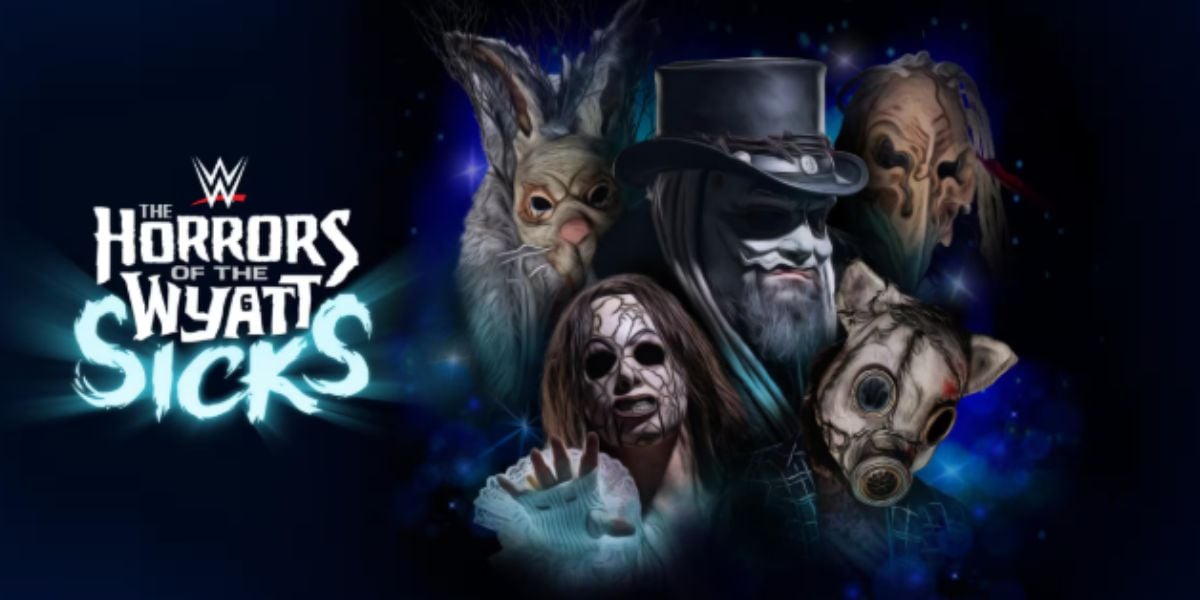 Five masked and costumed figures are grouped together on a dark, eerie background, capturing an intense "WWE Horrors of the Wyatt Sicks" vibe—like a twisted scene from horror nights, with white and blue glowing text to the left.