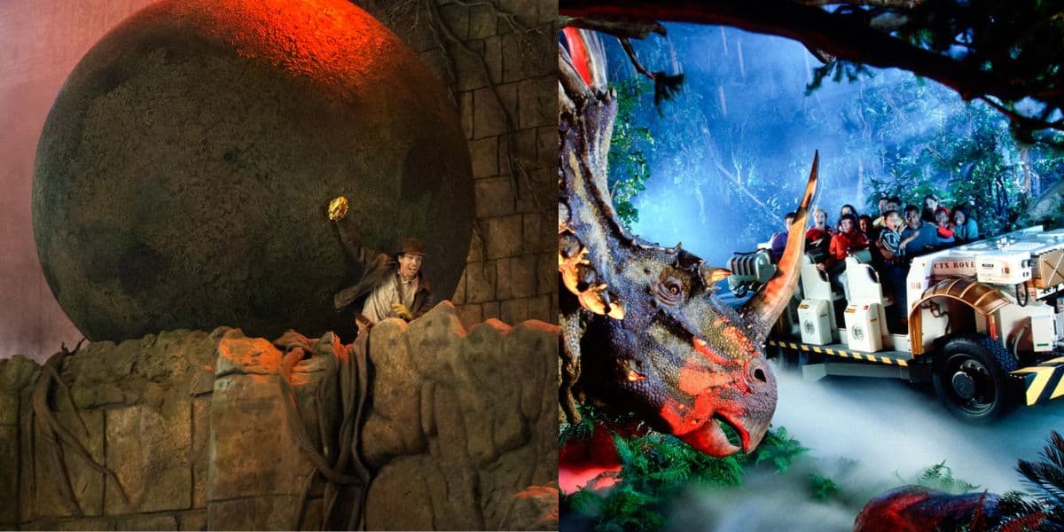 Split image: On the left, a daring Indiana Jones escape from a giant boulder; on the right, Disney’s DINOSAUR ride vehicle glides past a lifelike triceratops in a lush jungle scene.
