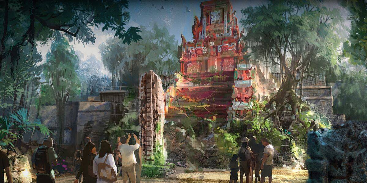 A group of people, channeling their inner Indiana Jones, observe and photograph a vibrant red ancient temple surrounded by lush jungle trees and ruins, with sunlight filtering softly through the foliage.