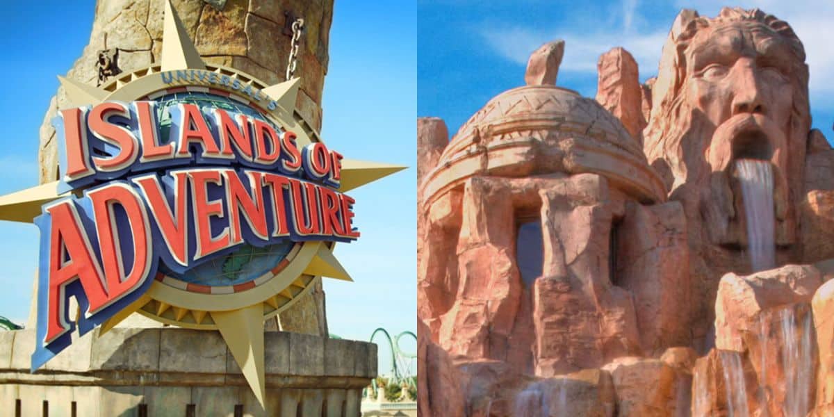 A split image showcases the Islands of Adventure entrance sign on the left, while on the right, a detailed stone sculpture of a face with water flowing from its mouth highlights the park’s incredible theming across entire lands.