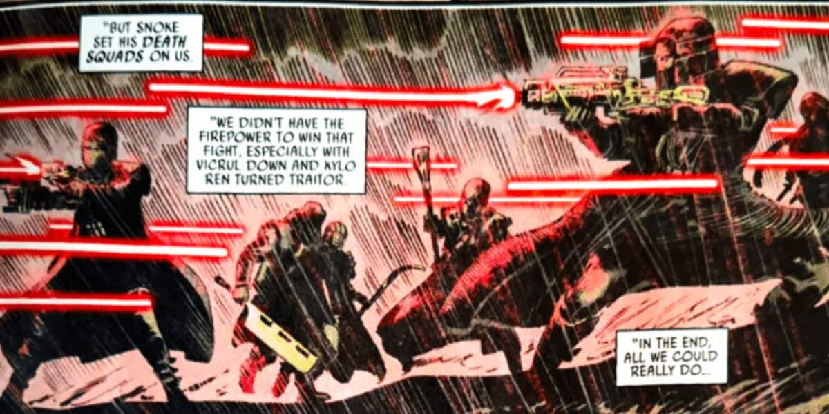 A group of armored soldiers, led by Kylo Ren, fires red blaster rifles amid heavy rain. Laser blasts fill the scene. Text boxes recount being attacked by Snoke’s death squads, lacking firepower, and barely managing to escape.
