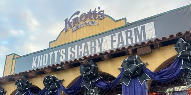 Entrance to Knott’s Scary Farm, decorated with large black bows and purple fabric, featuring a sign with the event’s name under the Knott’s Berry Farm logo.