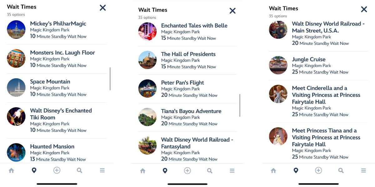 Labor Day wait times on the My Disney Experience app for Magic Kingdom