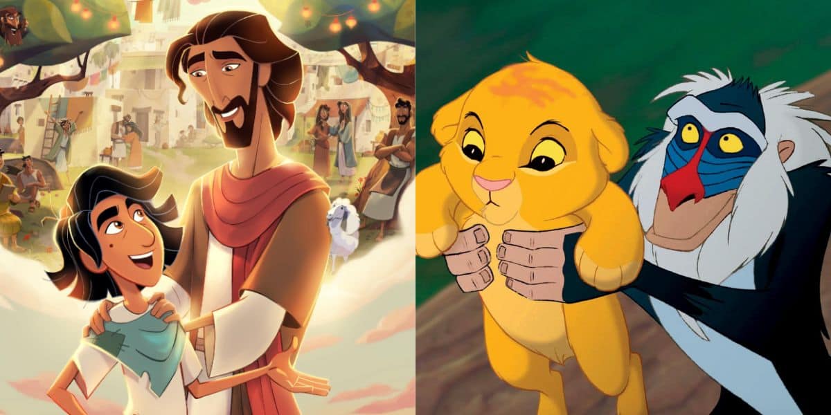 On the left, an animated man with a Jesus Feature hugs a smiling child among a crowd. On the right, a baboon lifts a lion cub in Disney Animator style—a nod to "The Lion King." Both images show joyful, animated characters.