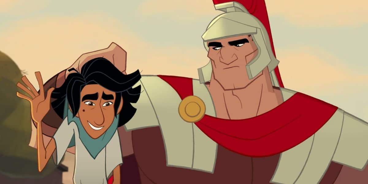 A smiling young man with dark hair is held by the collar and waved at by a stern Roman soldier in armor and a red cape, brought to life in colorful cartoon style inspired by Tom Bancroft’s lively character animation.
