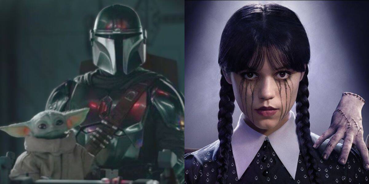 The image is split in two: on the left, a masked figure in Star Wars Mandalorian armor stands beside Grogu; on the right, a girl resembling the Wednesday actress with black braids and dark attire stares ahead, a hand resting on her shoulder.