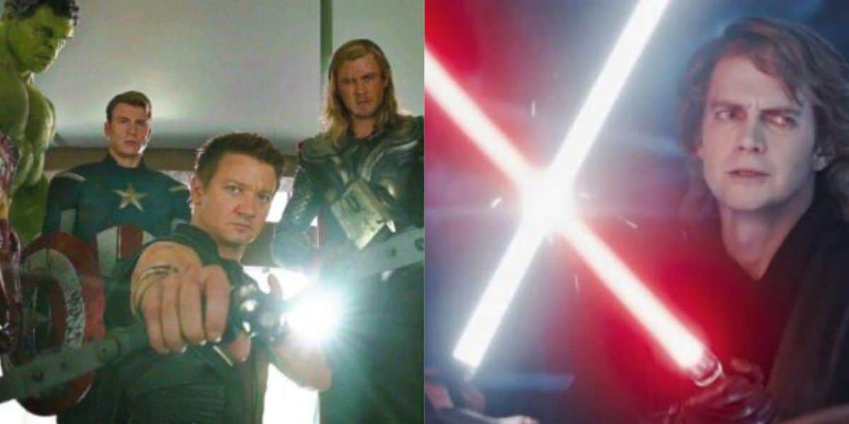 A split image: on the left, four Marvel Avengers—Hulk, Captain America, Hawkeye, and Thor—stand together, while on the right, a Star Wars character wields two red lightsabers crossed in front of him. Disney’s iconic worlds collide.