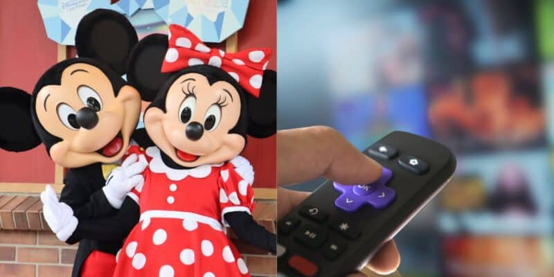 Mickey Mouse and Minnie Mouse in costume pose together, while a hand holds a TV remote pointed at a blurred television screen in the background, hinting at a major update to their latest TV series.