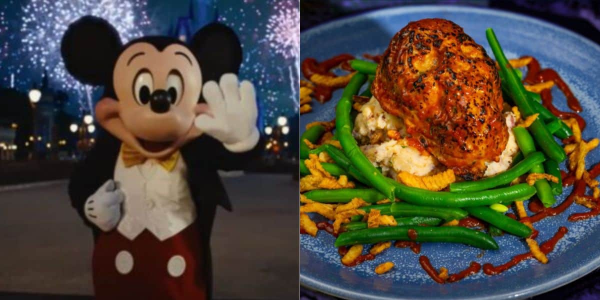 The image is split: on the left, Mickey Mouse waves in front of fireworks at night; on the right, a plate of food features green beans, mashed potatoes, and a stuffed chicken breast on a blue dish.