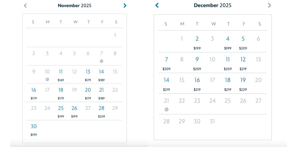 Two calendars from Walt Disney World Resort's website show that Mickey's Very Merry Christmas Party is sold out on November 7, 10, and December 21, 2025.
