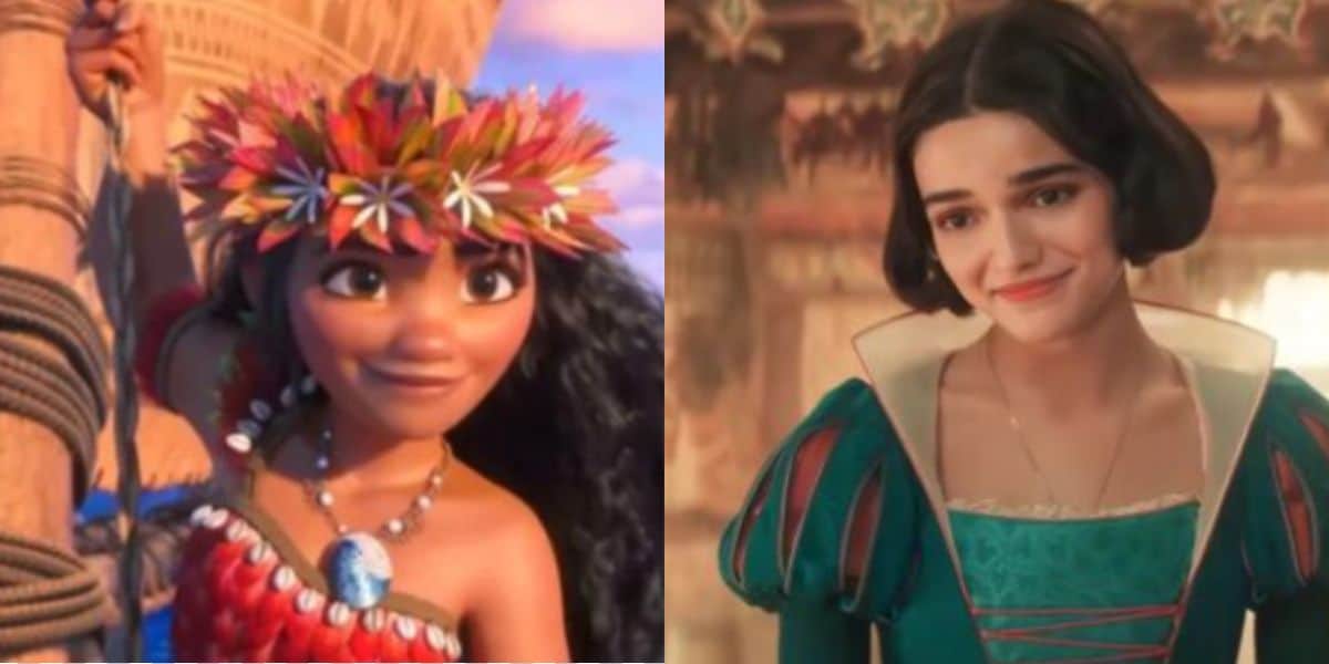 Split image: On the left, animated Moana with long dark hair, a flower crown, and a red outfit; on the right, a live-action woman with short dark hair in a green dress, smiling gently.