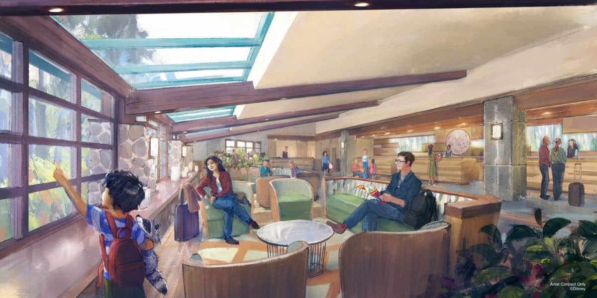 A lively hotel lobby with people on green chairs, a child pointing out a large window, travelers with suitcases, and a reception desk in the background. Sunlight streams through a skylight, reminiscent of a major refresh at Disney resorts.
